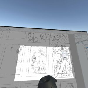 VR空間に大きく広げた漫画の下描き画面。液タブの位置に当たる範囲だけが明るく表示されている
