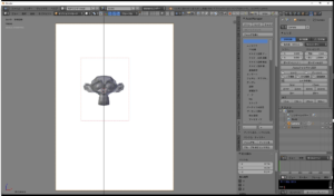 Blenderのカメラビュー。ページ上の枠で示したコマの範囲に3Dモデルを収め、レイアウトを確認している