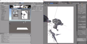 Unity(左)とBlender(右)を並べた開発画面。Blender側に3Dモデルと複数のカメラが配置されている