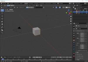 日本語表示のBlender初期画面。立方体・カメラ・ライトが置かれた3Dビューポート