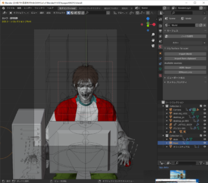 Blenderのカメラビューで、机のパソコンに向かう人物モデルを配置したコマ用シーン